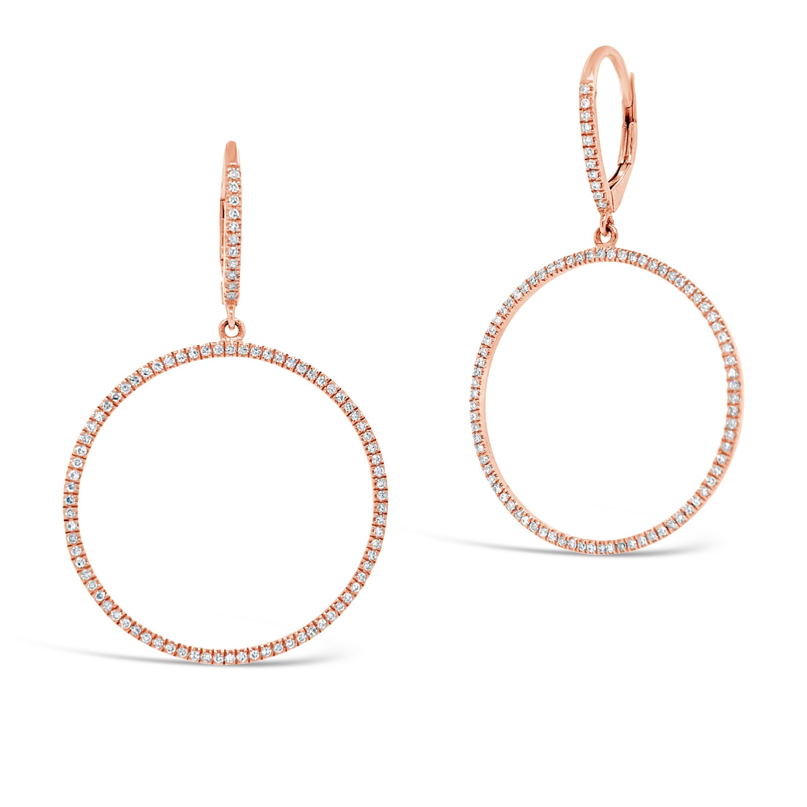 Diamond Circle Drop Lever-Back Earrings  -14K gold weighing 2.85 grams  -176 round diamonds totaling 0.40 carats