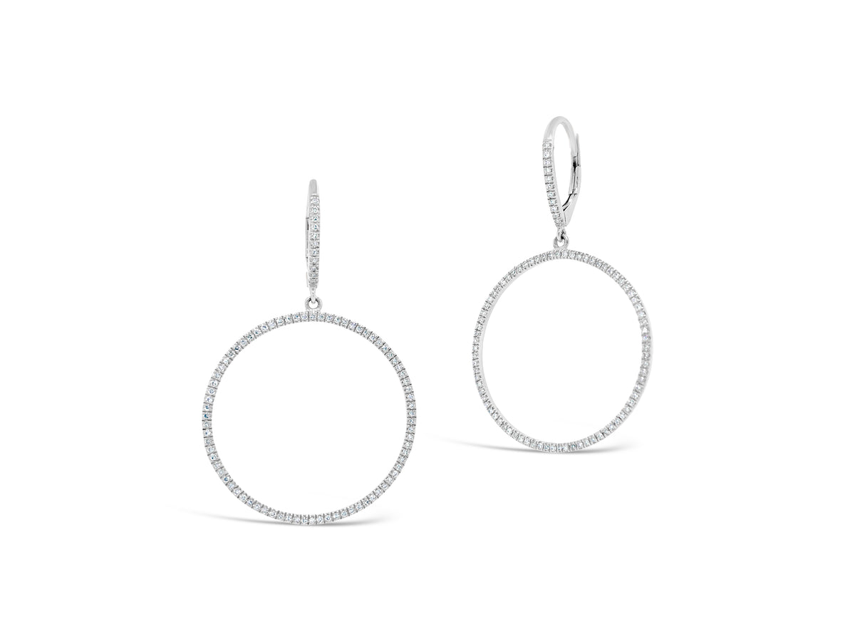 Diamond Circle Drop Lever-Back Earrings  -14K gold weighing 2.85 grams  -176 round diamonds totaling 0.40 carats