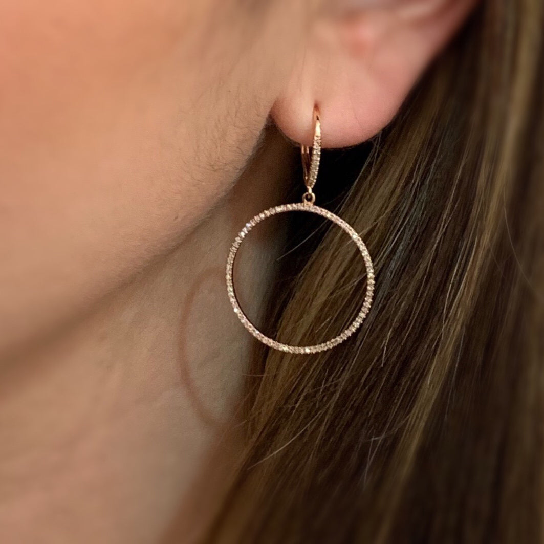 Diamond Circle Drop Lever-Back Earrings  -14K gold weighing 2.85 grams  -176 round diamonds totaling 0.40 carats