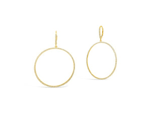 Diamond Circle Drop Lever-Back Earrings  -14K gold weighing 2.85 grams  -176 round diamonds totaling 0.40 carats