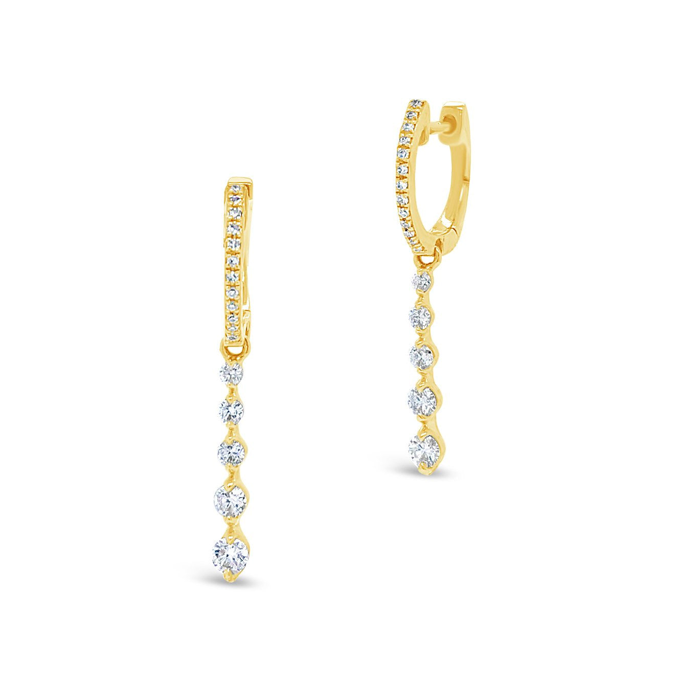 Gold huggie earring with prong-set diamond drop earrings -14k gold weighing 2.03 grams  -36 round diamonds weighing .46 carats