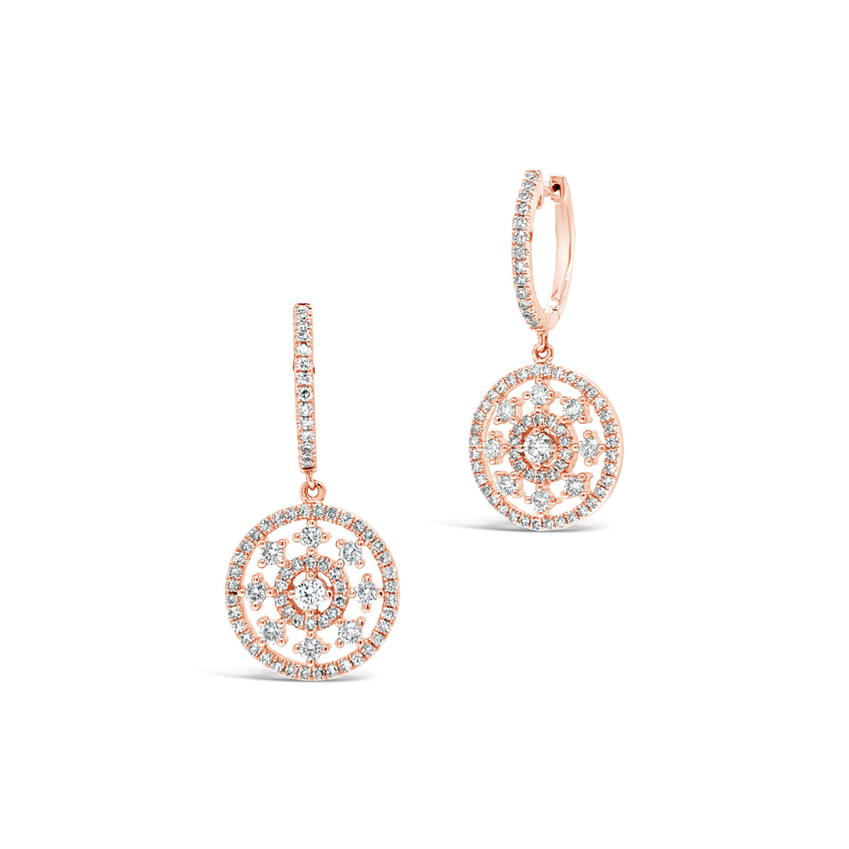 Intricate Diamond Designed Huggie Earring -14k rose weighing 3.36 grams -18 round diamonds weighing .35 carats -128 round diamond weighing .34 carats