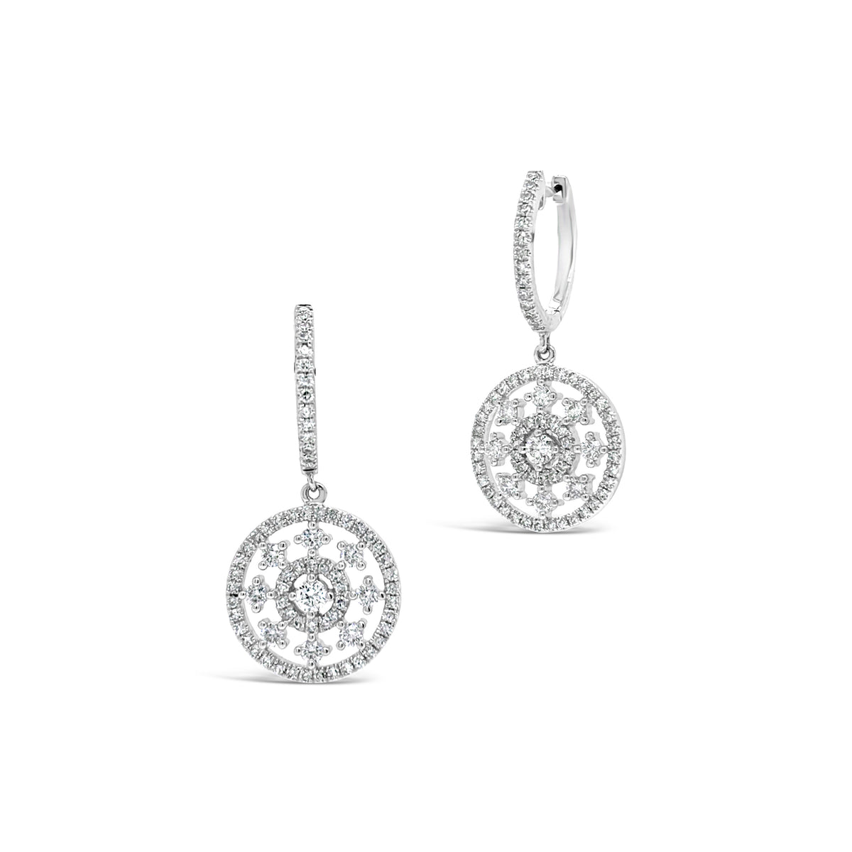 Intricate Diamond Designed Huggie Earring -14k white weighing 3.36 grams -18 round diamonds weighing .35 carats -128 round diamond weighing .34 carats