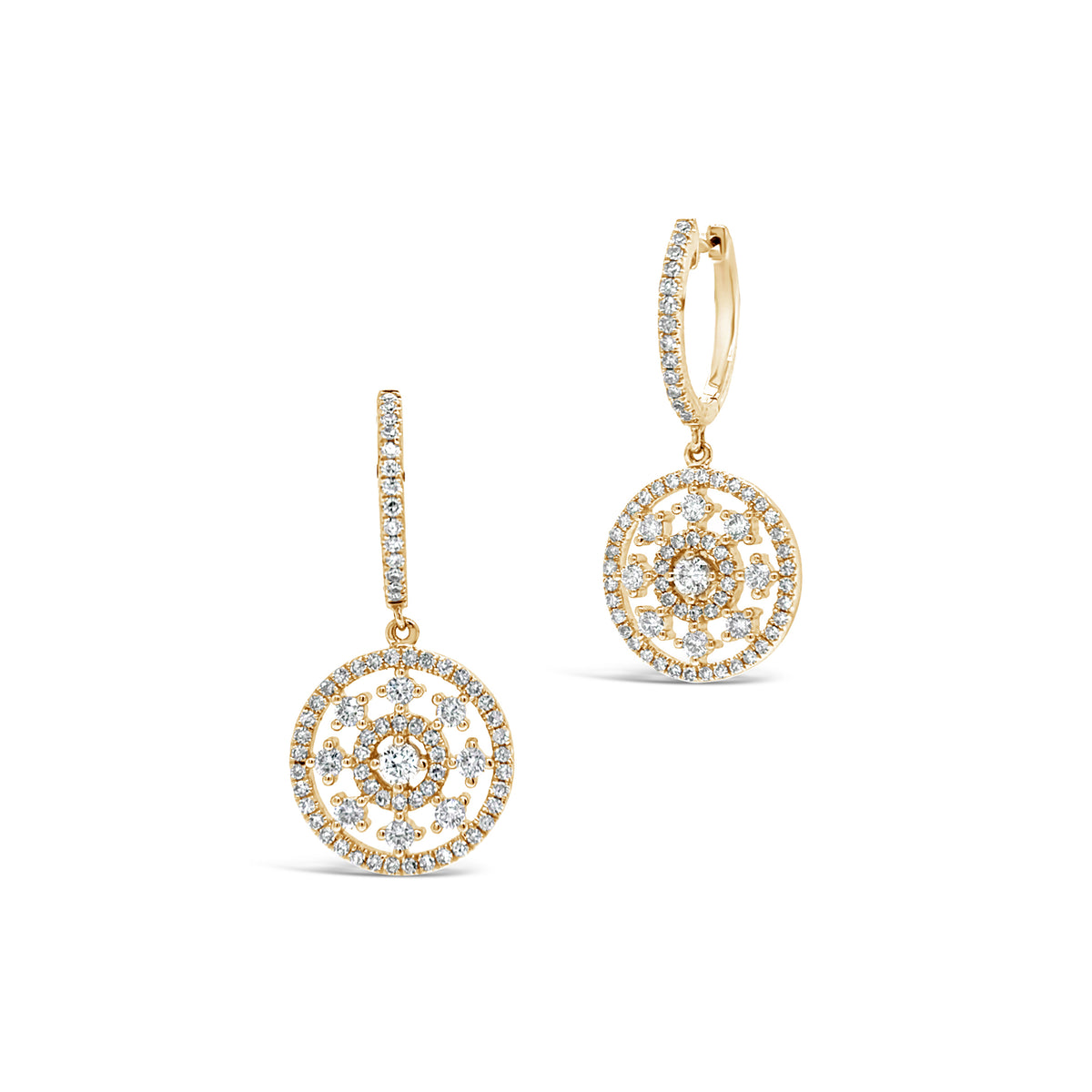 Intricate Diamond Designed Huggie Earring -14k yellow gold weighing 3.36 grams -18 round diamonds weighing .35 carats -128 round diamond weighing .34 carats