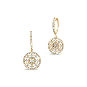 Intricate Diamond Designed Huggie Earring -14k yellow gold weighing 3.36 grams -18 round diamonds weighing .35 carats -128 round diamond weighing .34 carats