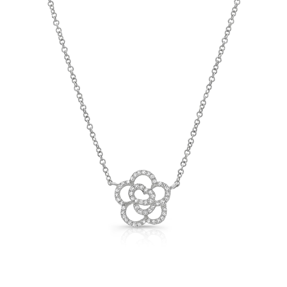 Diamond Flower Outline Pendant Necklace  -14K gold weighing 2.00 grams  -52 round pave-set diamonds totaling 0.16 carats