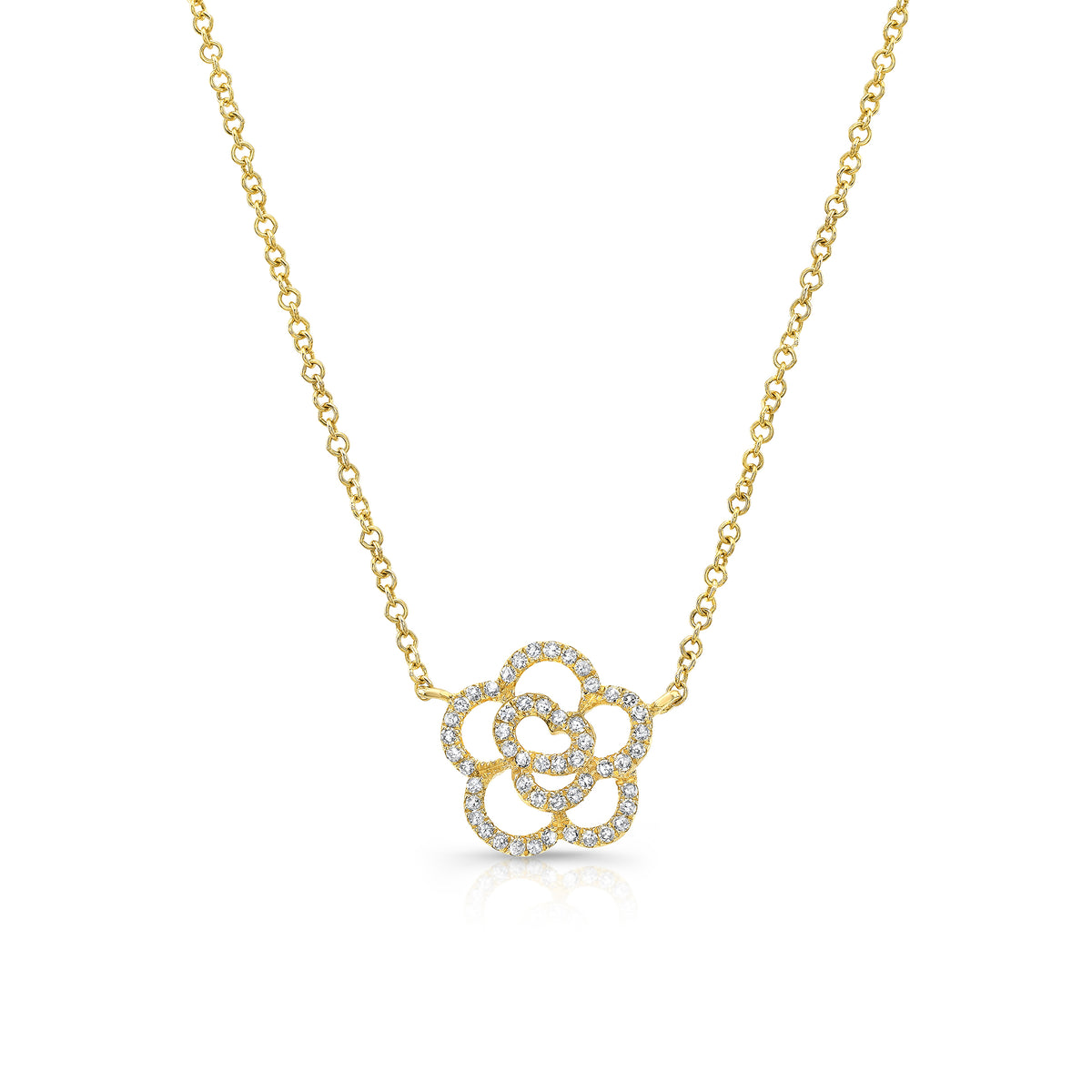Diamond Flower Outline Pendant Necklace  -14K gold weighing 2.00 grams  -52 round pave-set diamonds totaling 0.16 carats