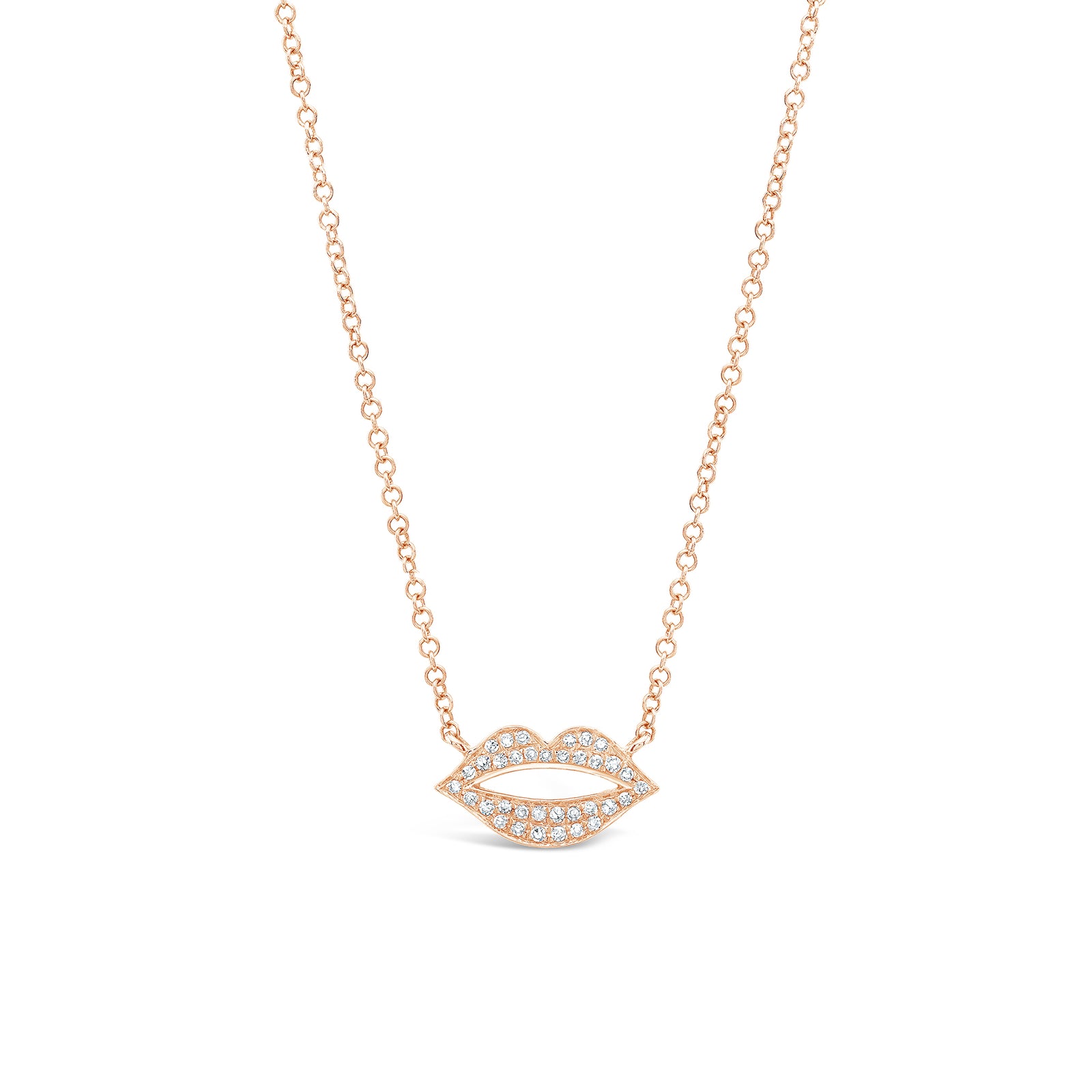 Diamond Lips Necklace  -14K rose gold weighing 1.87 grams  -35 round pave set diamonds totaling .10 carats