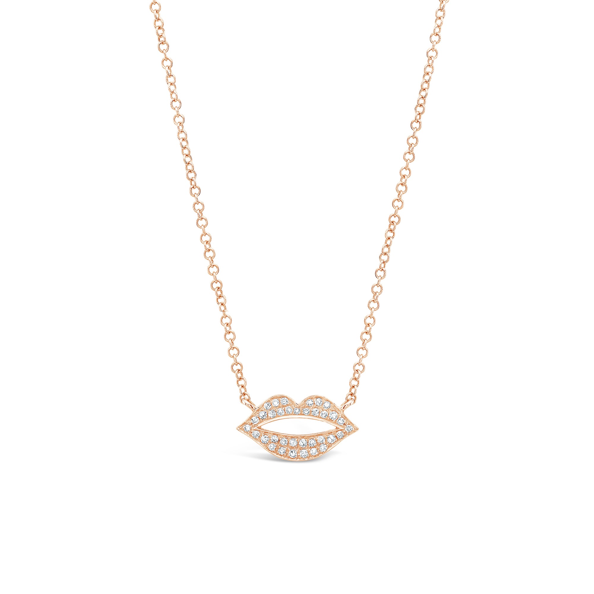 Diamond Lips Necklace  -14K rose gold weighing 1.87 grams  -35 round pave set diamonds totaling .10 carats