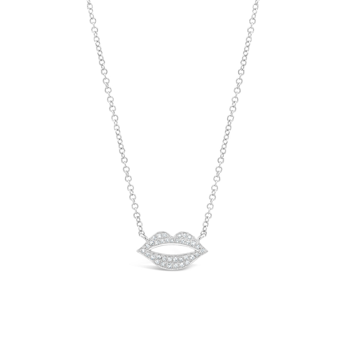 Diamond Lips Necklace  -14K white gold weighing 1.87 grams  -35 round pave set diamonds totaling .10 carats