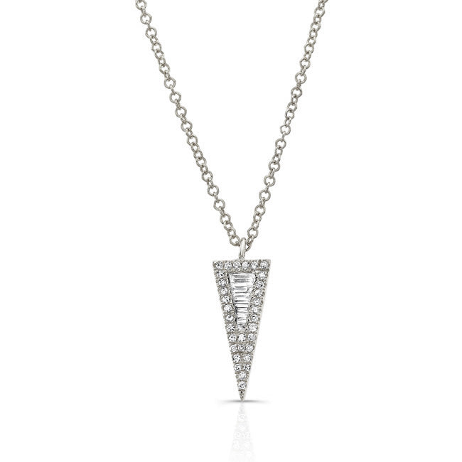 Baguette Diamond Spike Pendant Necklace -14K rose gold weighing 2.00 grams -32 round diamonds weighing .08 carats -7 diamond baguettes totaling 0.10 carats