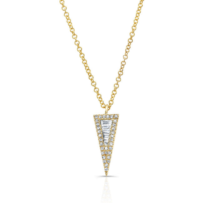 Baguette Diamond Spike Pendant Necklace -14K yellow gold weighing 2.00 grams -32 round diamonds weighing .08 carats -7 diamond baguettes totaling 0.10 carats