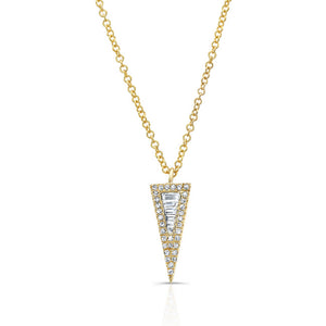 Baguette Diamond Spike Pendant Necklace -14K yellow gold weighing 2.00 grams -32 round diamonds weighing .08 carats -7 diamond baguettes totaling 0.10 carats