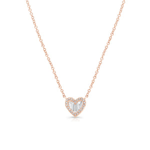Diamond Baguette Heart Pendant Necklace -14K rose gold weighing 1.98 grams -22 round diamonds totaling .05 carats -5 baguettes totaling 0.15 carats