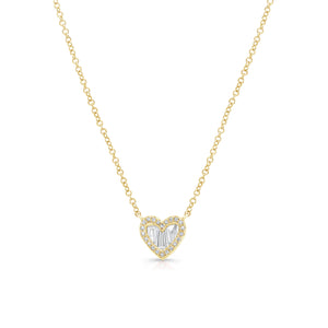 Diamond Baguette Heart Pendant Necklace -14K yellow gold weighing 1.98 grams -22 round diamonds totaling .05 carats -5 baguettes totaling 0.15 carats