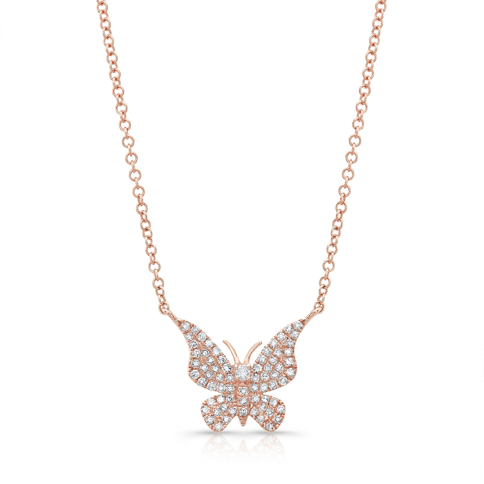 Diamond Butterfly Pendant Necklace -14K gold weighing 2.20 grams -70 round pave set diamonds totaling 0.20 carats