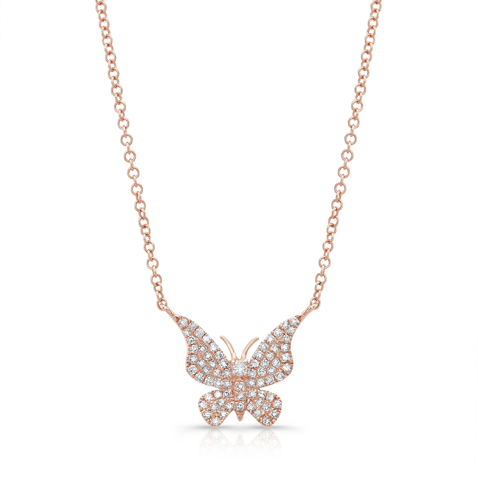 Diamond Butterfly Pendant Necklace -14K gold weighing 2.20 grams -70 round pave set diamonds totaling 0.20 carats