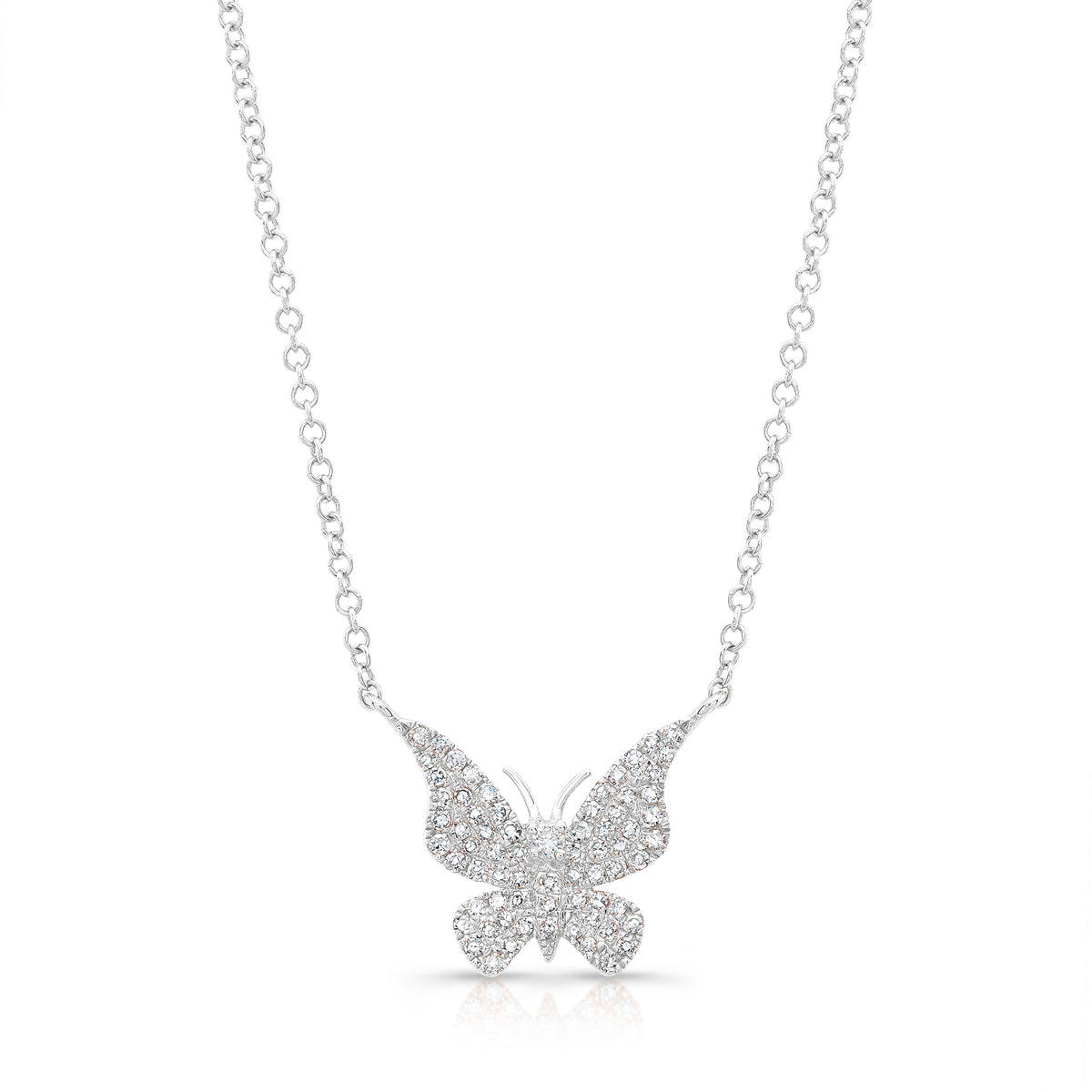 Diamond Butterfly Pendant Necklace -14K gold weighing 2.20 grams -70 round pave set diamonds totaling 0.20 carats