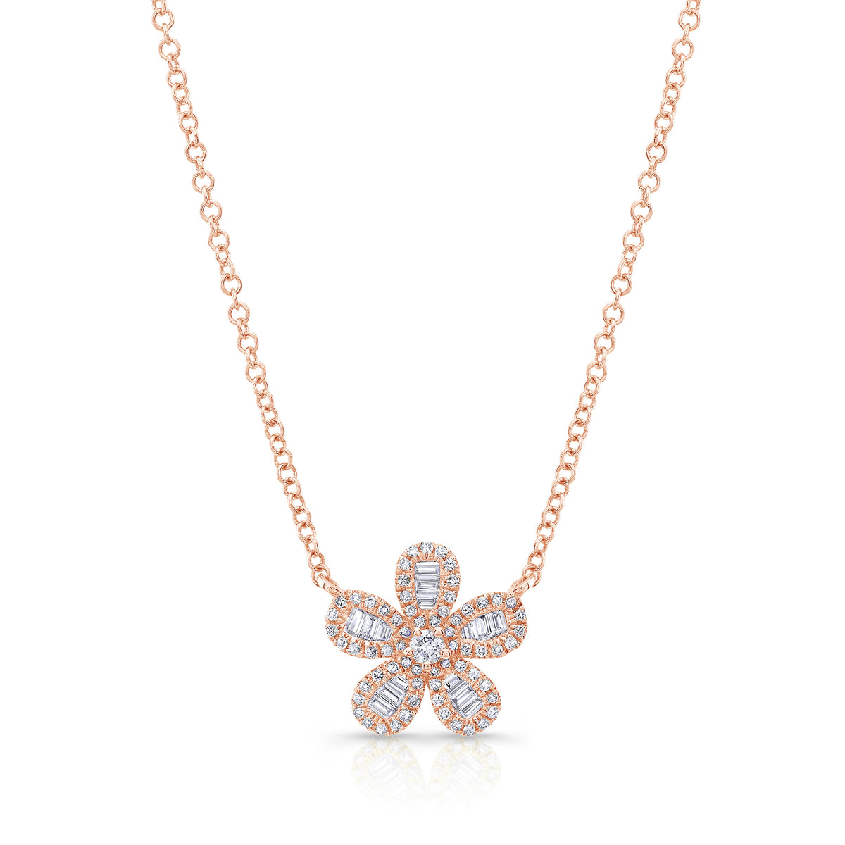 Diamond Baguette Flower Pendant Necklace -14k rose gold weighing 1.90 grams -66 round diamonds weighing .18 carats -24 straight baguettes weighing .14 carats