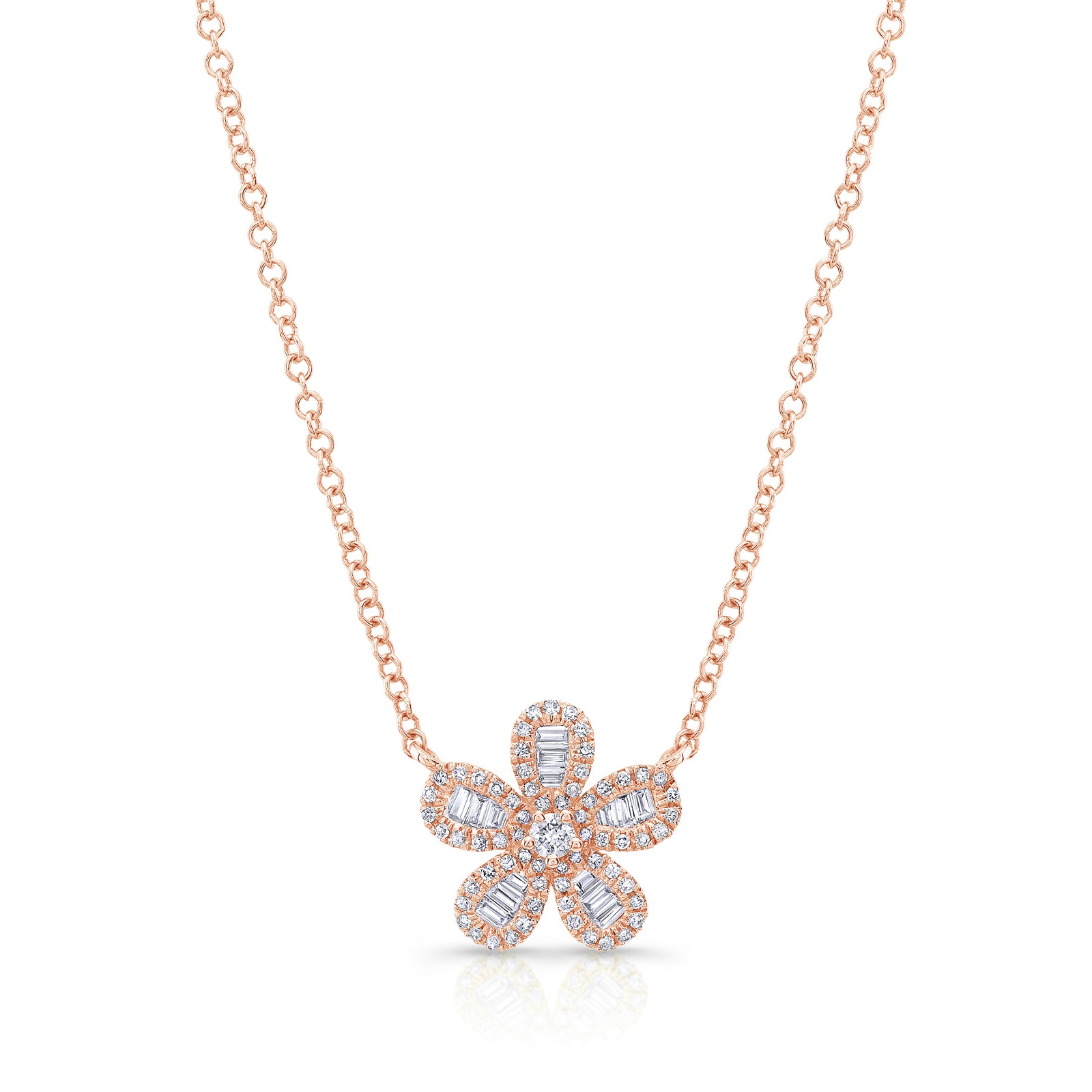 Diamond Baguette Flower Pendant Necklace -14k yellow gold weighing 1.90 grams -66 round diamonds weighing .18 carats -24 straight baguettes weighing .14 carats