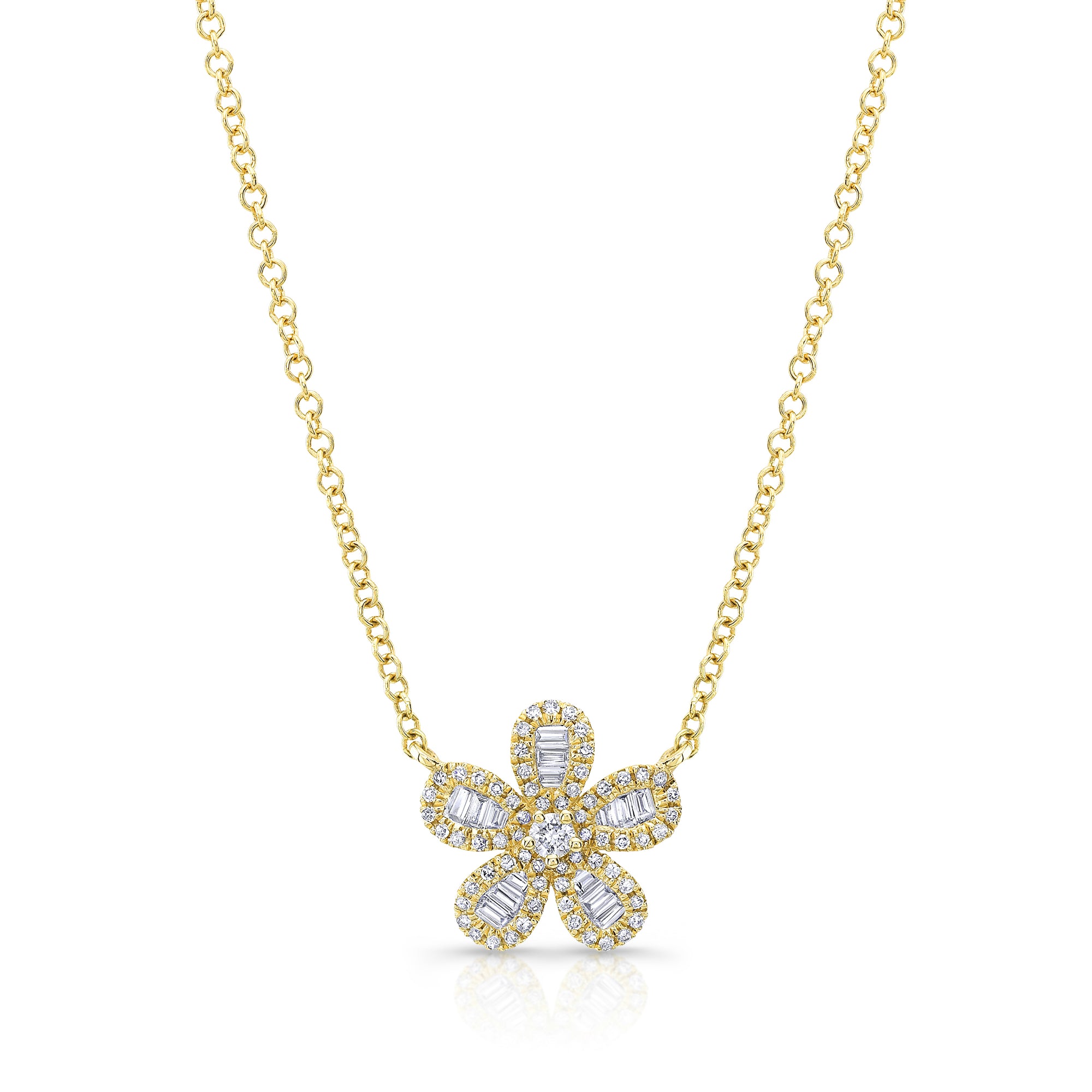 Diamond Baguette Flower Pendant Necklace -14k yellow gold weighing 1.90 grams -66 round diamonds weighing .18 carats -24 straight baguettes weighing .14 carats