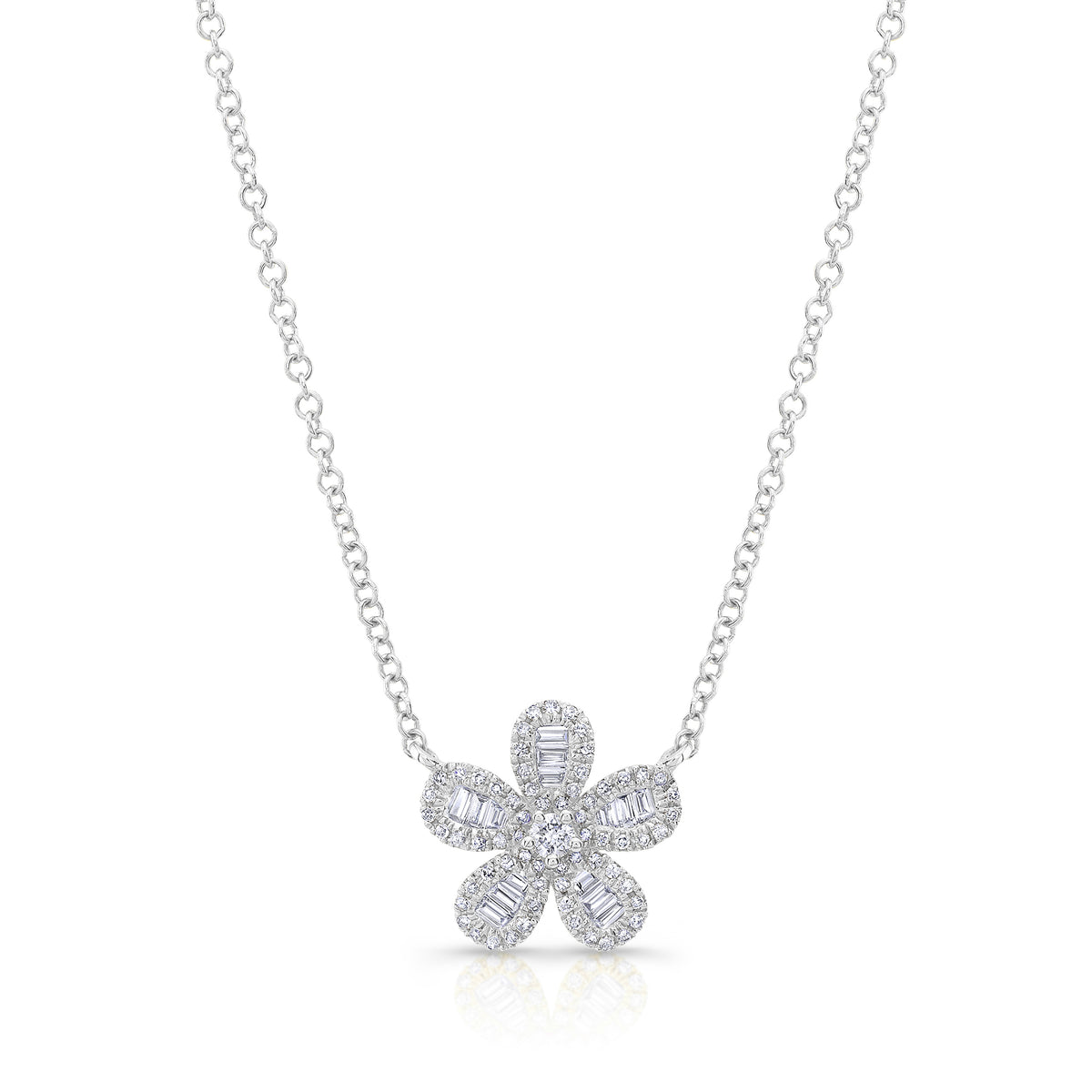 Diamond Baguette Flower Pendant Necklace -14k white gold weighing 1.90 grams -66 round diamonds weighing .18 carats -24 straight baguettes weighing .14 carats