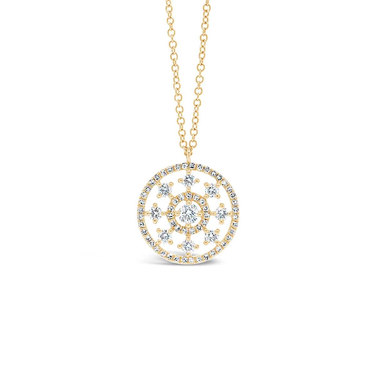 Intricate Diamond Pendant -14k yellow gold weighing 2.44 grams -9 round diamonds weighing .30 carats -55 round diamonds weighing .14 carats