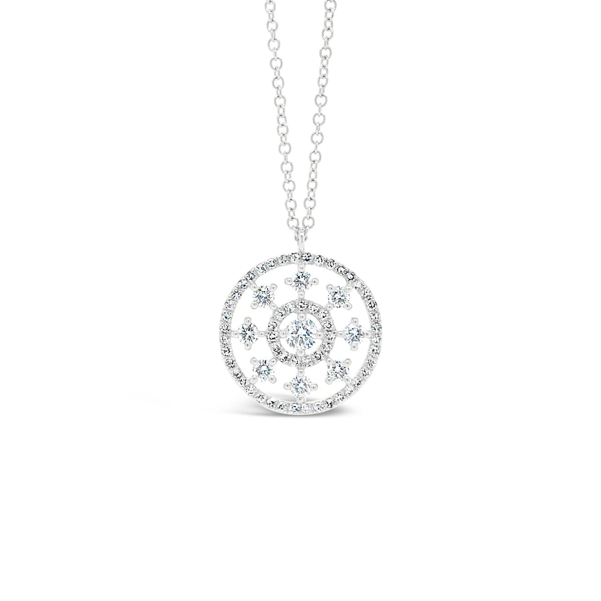 Intricate Diamond Pendant -14k white gold weighing 2.44 grams -9 round diamonds weighing .30 carats -55 round diamonds weighing .14 carats