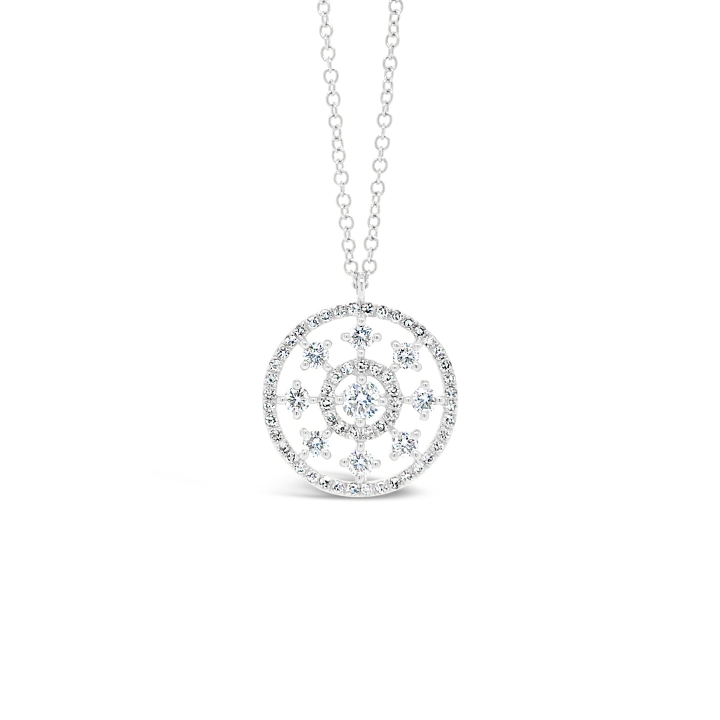 Intricate Diamond Pendant -14k white gold weighing 2.44 grams -9 round diamonds weighing .30 carats -55 round diamonds weighing .14 carats