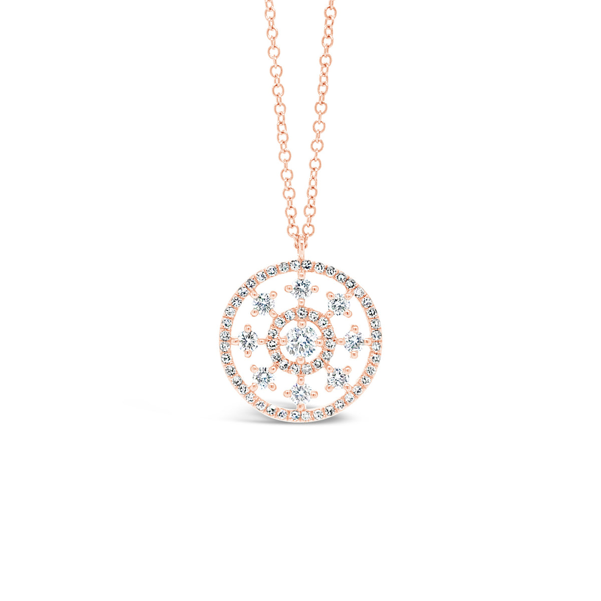 Intricate Diamond Pendant -14k rose gold weighing 2.44 grams -9 round diamonds weighing .30 carats -55 round diamonds weighing .14 carats