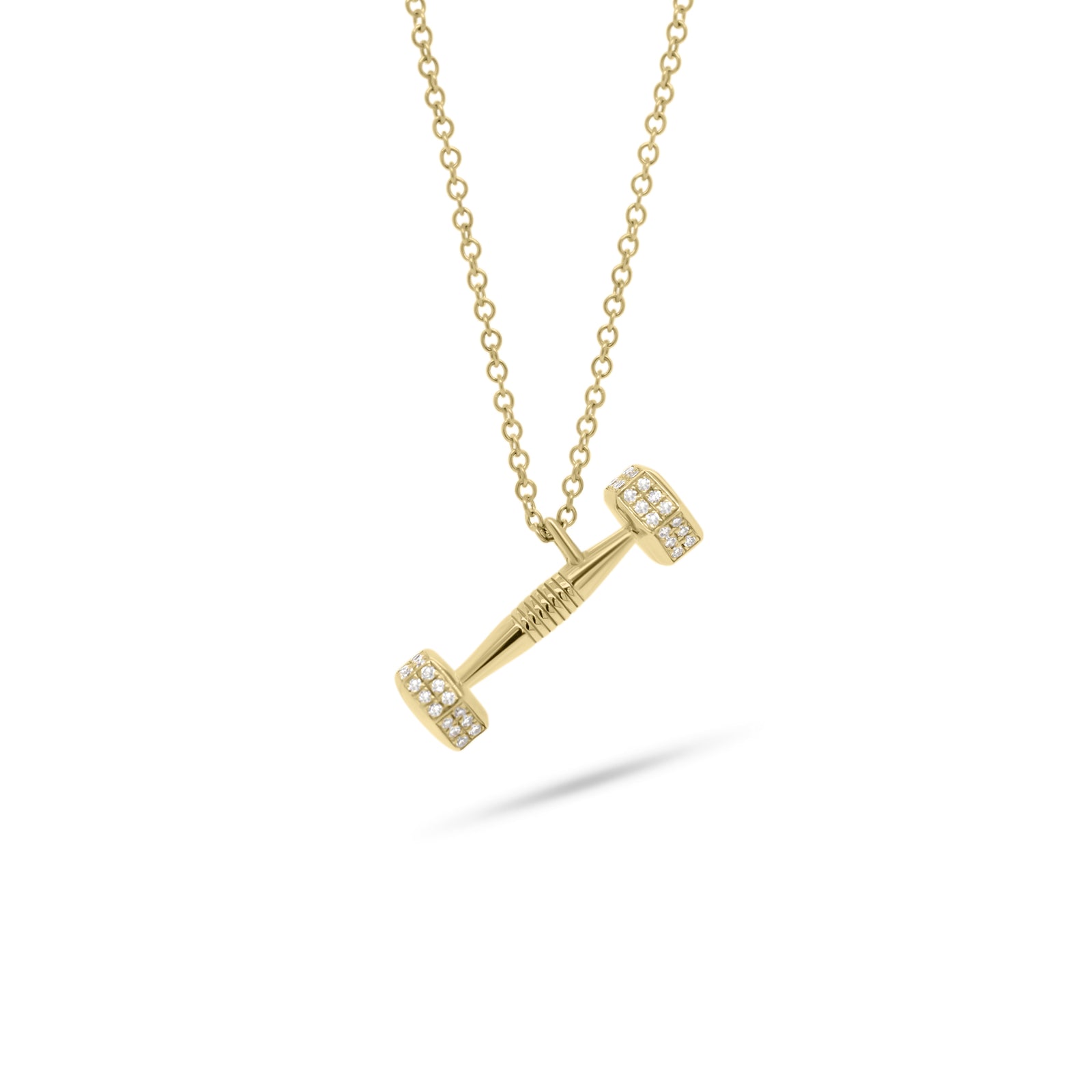 Diamond Dumbbell Pendant  - 14K yellow gold weighing 2.54 grams  - 72 round diamonds totaling 0.15 carats