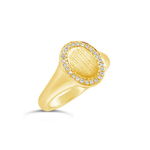 Diamond & Gold Signet Ring - 14k yellow gold weighing 3.40 grams. - 26 round diamonds totaling 0.06 carats.