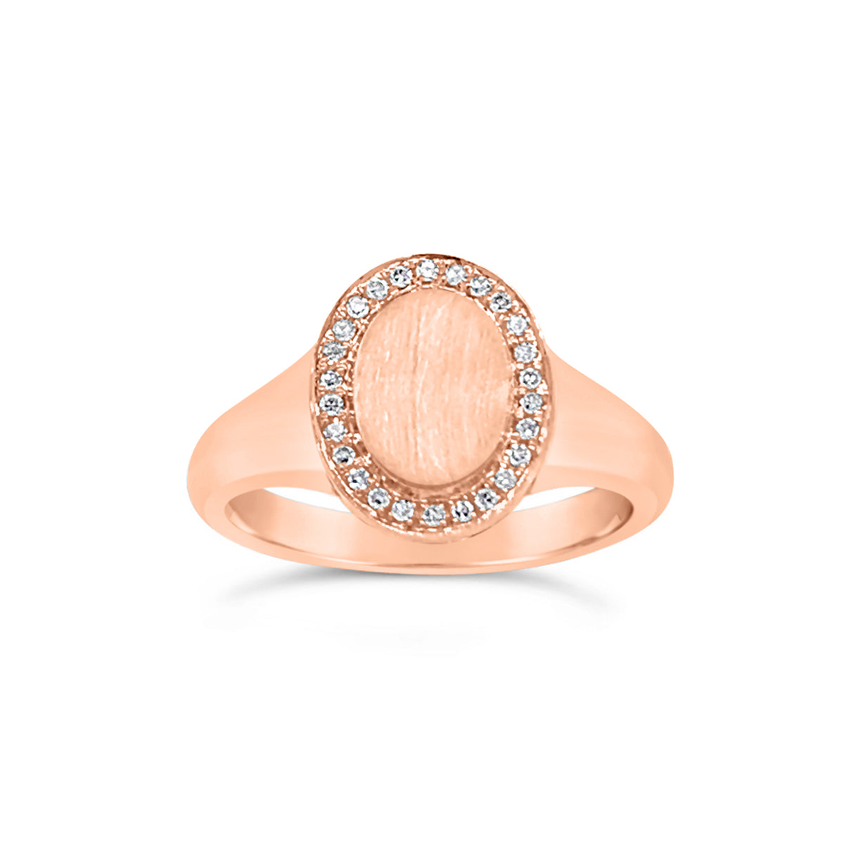 Diamond & Gold Signet Ring - 14k rose gold weighing 3.40 grams. - 26 round diamonds totaling 0.06 carats.
