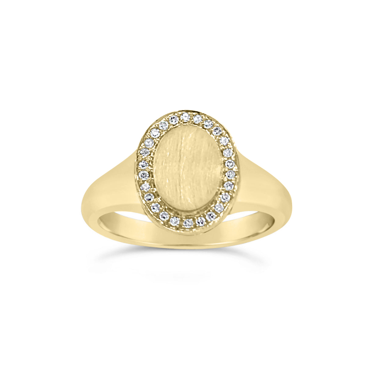 Diamond & Gold Signet Ring - 14k yellow gold weighing 3.40 grams. - 26 round diamonds totaling 0.06 carats.