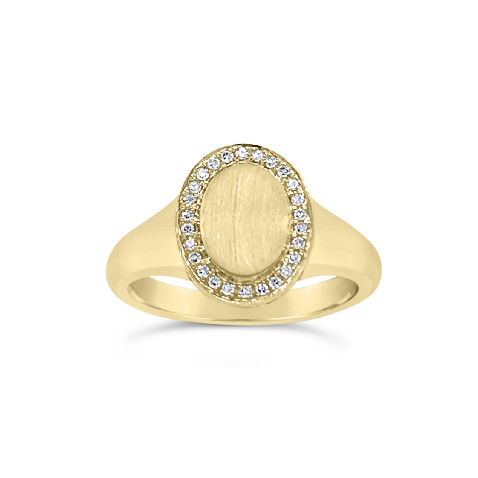 Diamond & Gold Signet Ring - 14k yellow gold weighing 3.40 grams. - 26 round diamonds totaling 0.06 carats.