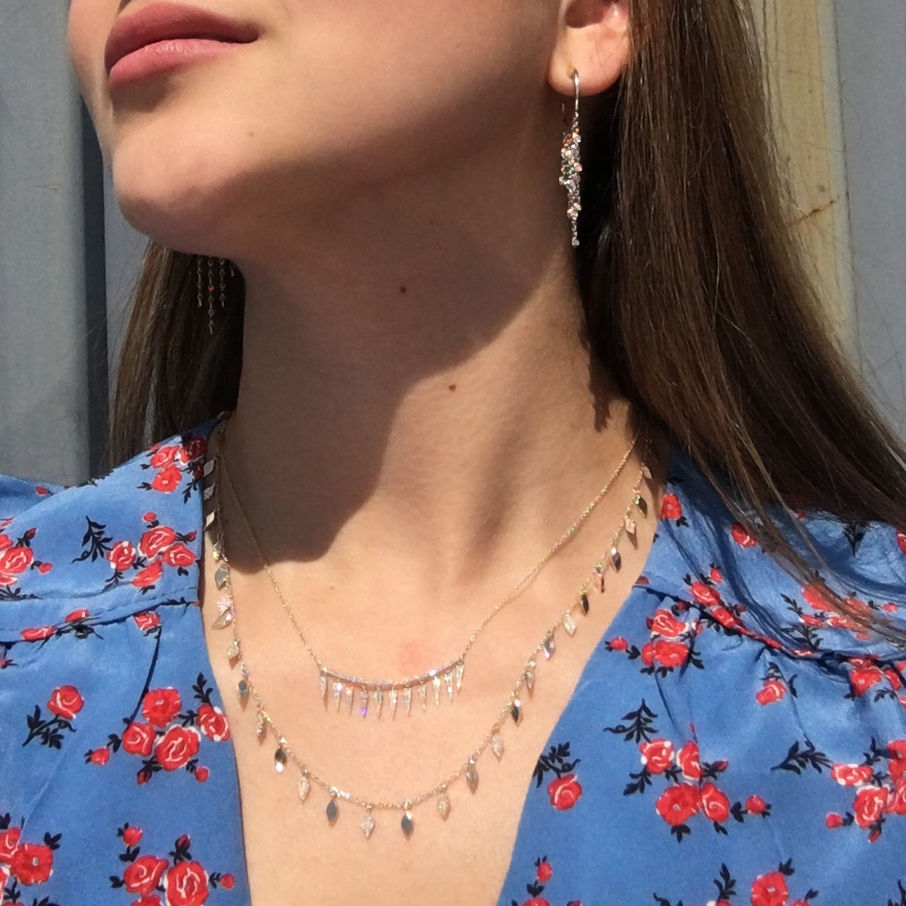 Diamond Spike Necklace Bar   -14K gold weighing 2.95 grams  -81 round diamonds totaling 0.38 carats