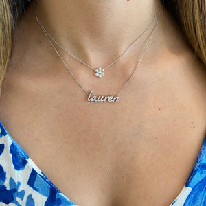 Female Model Wearing Diamond Nameplate Necklace  -0.34 total carat weight  -Names over 6 letters will need be to be priced accordingly. Please message us first!