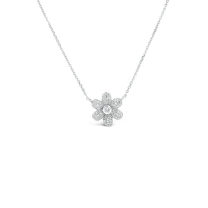 Diamond Daisy Necklace  - 14K white gold weighing 1.86 grams.   - 73 Round Diamonds totaling 0.22 carats.