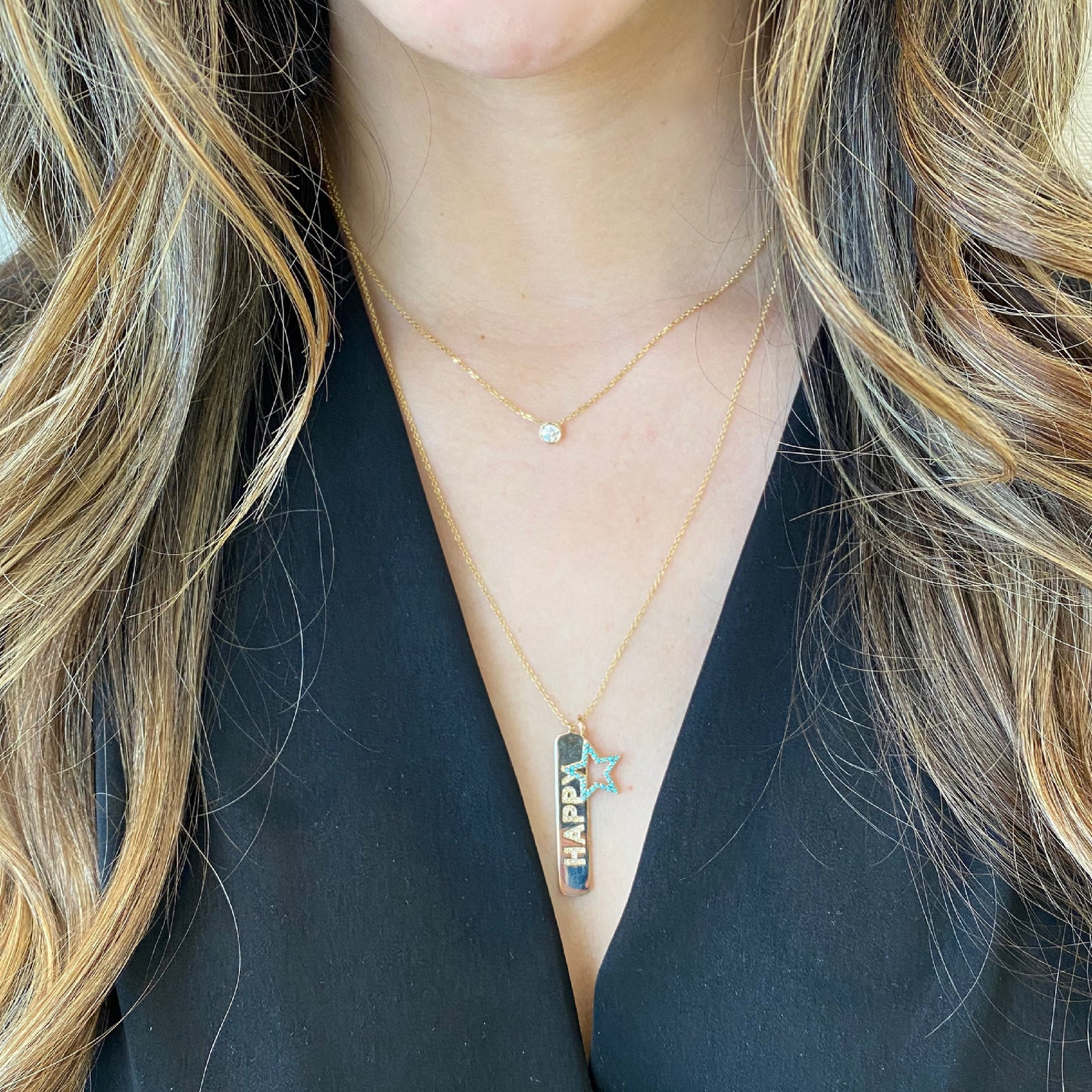 Diamond ‘Happy’ Bar Pendant - 14K yellow gold weighing 4.34 grams - 42 round diamonds totaling 0.09 carats