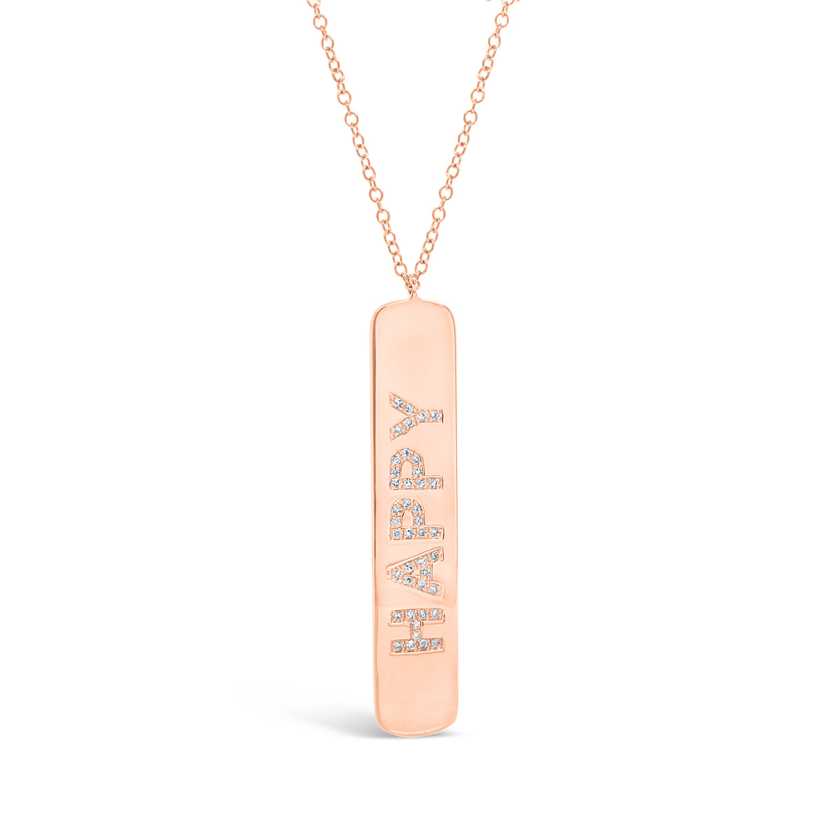 Diamond ‘Happy’ Bar Pendant - 14K rose gold weighing 4.34 grams - 42 round diamonds totaling 0.09 carats