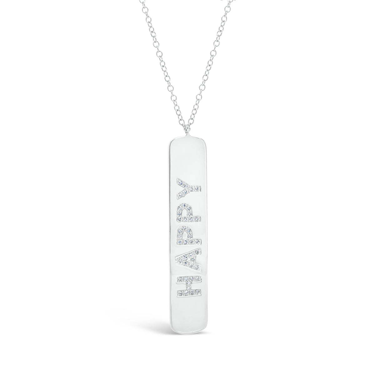 Diamond ‘Happy’ Bar Pendant - 14K white gold weighing 4.34 grams - 42 round diamonds totaling 0.09 carats