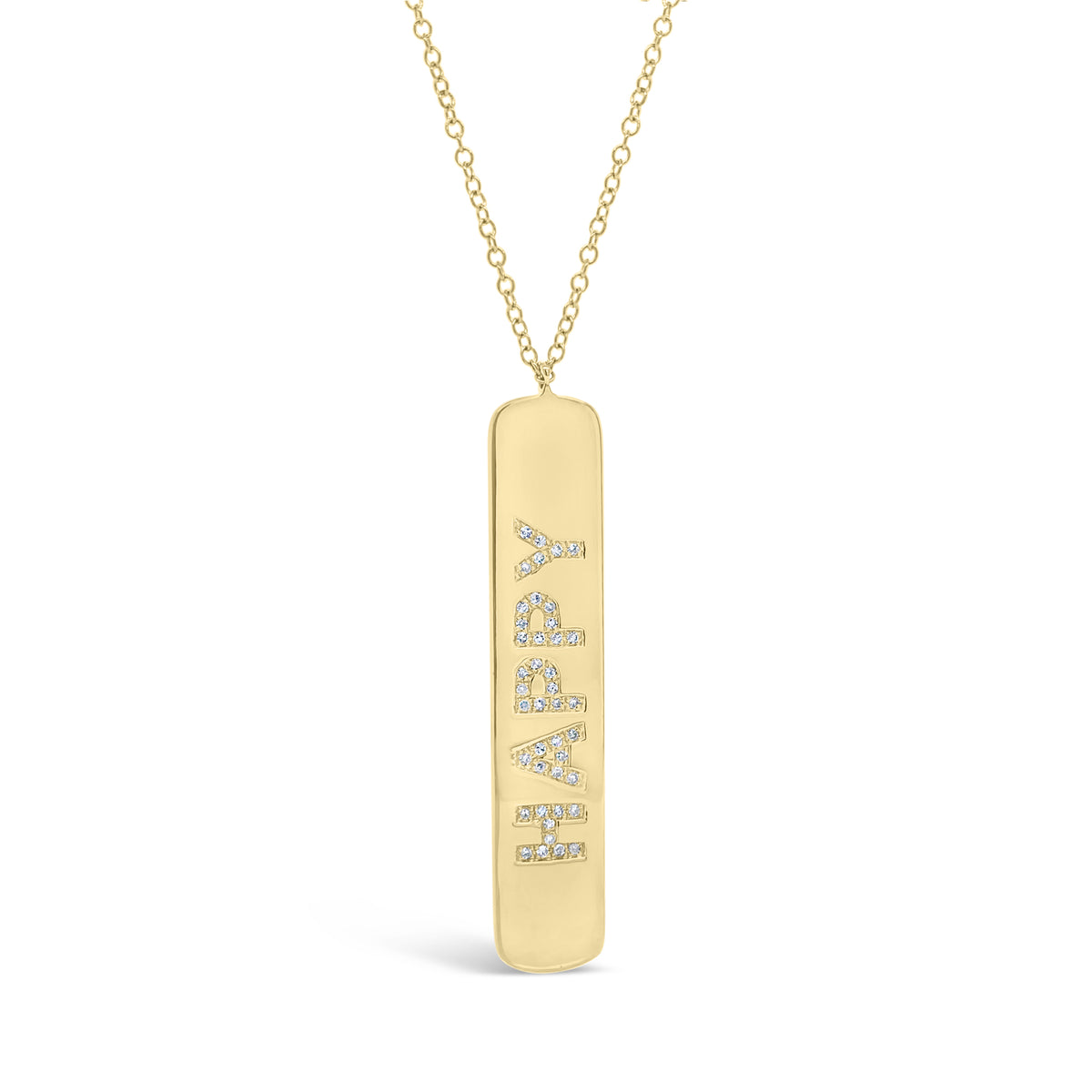 Diamond ‘Happy’ Bar Pendant - 14K yellow gold weighing 4.34 grams - 42 round diamonds totaling 0.09 carats