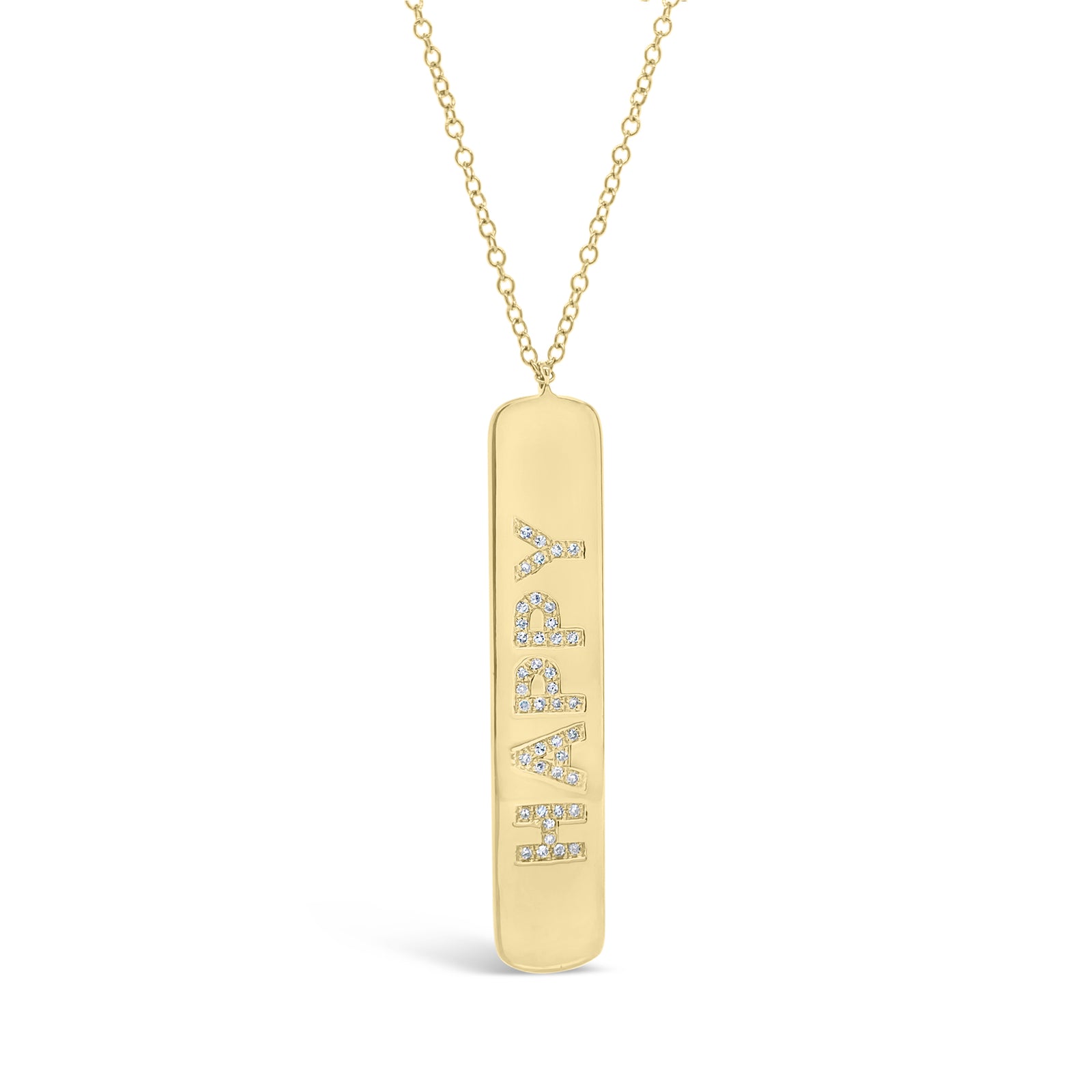 Diamond ‘Happy’ Bar Pendant - 14K yellow gold weighing 4.34 grams - 42 round diamonds totaling 0.09 carats