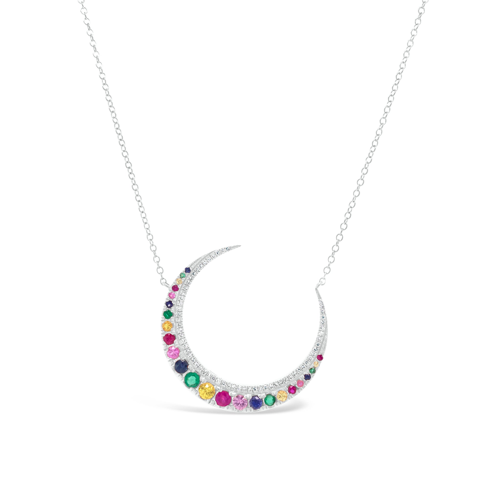 Rainbow Crescent Moon Necklace  -14K 3.70GR  -24 MC 0.65 total carat weight (gemstones)  -62 diamonds 0.14 total carat weight 