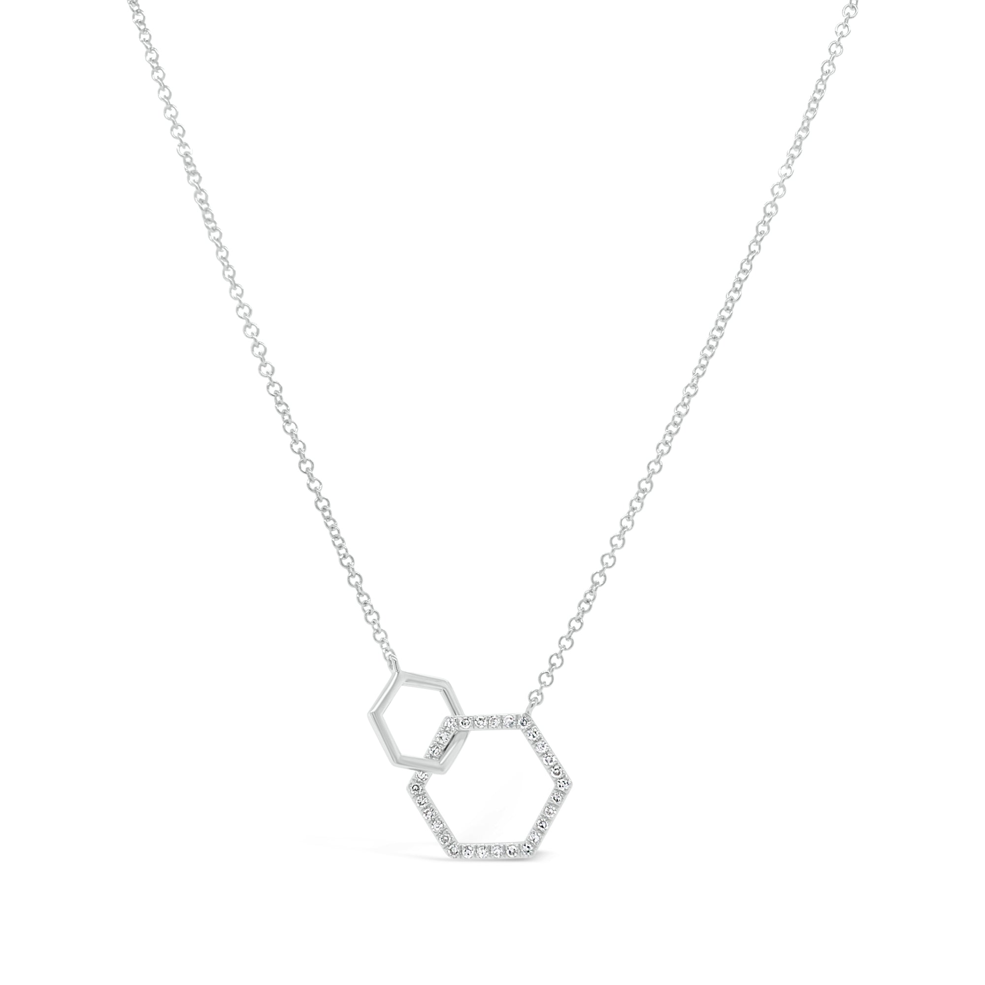 Solid 14K white gold weighting 1.76 grams with 30 round diamonds totaling 0.10 carats Double Hexagon Pendant Necklace | Nuha Jewelers
