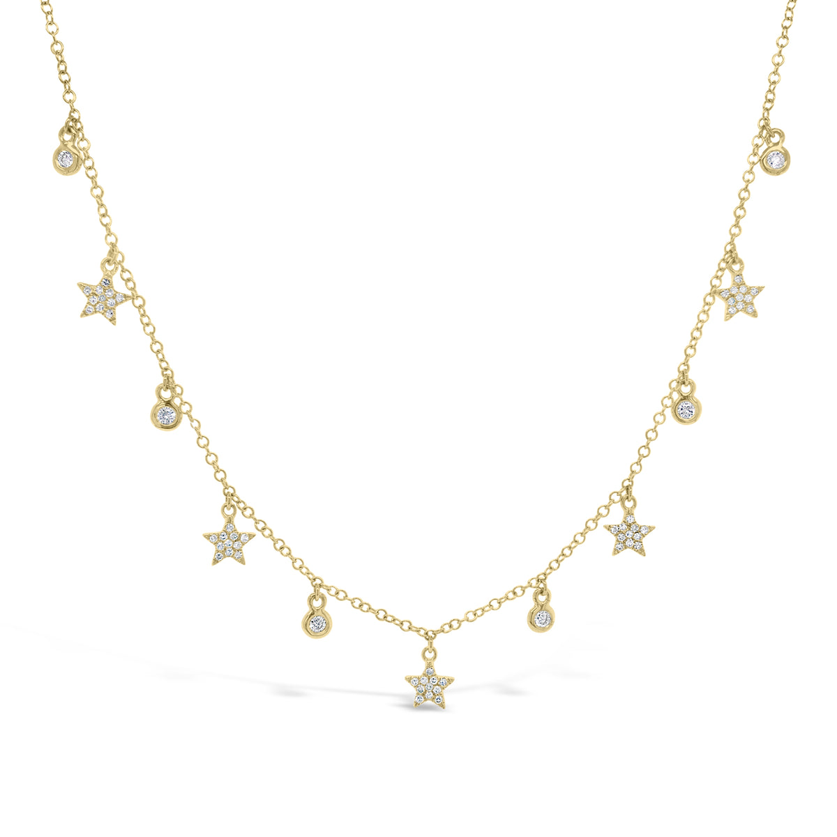 Diamond Star Drip Necklace  - 14K gold weighing 2.35 grams.  - 61 round diamonds totaling 0.24 carats.
