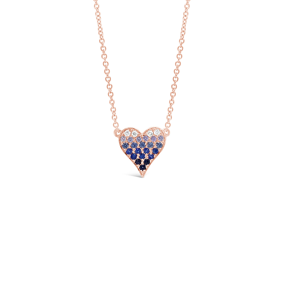 Sapphire Gradient Mini Pink Diamond Heart Pendant Necklace  -14K gold weighing 1.98 grams  -4 round diamonds totaling 0.05 carats  -21 sapphires totaling 0.24 carats
