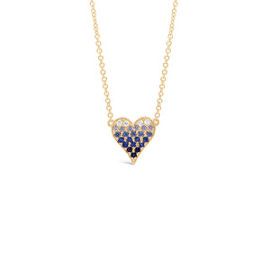 Sapphire Gradient Mini Pink Diamond Heart Pendant Necklace  -14K gold weighing 1.98 grams  -4 round diamonds totaling 0.05 carats  -21 sapphires totaling 0.24 carats