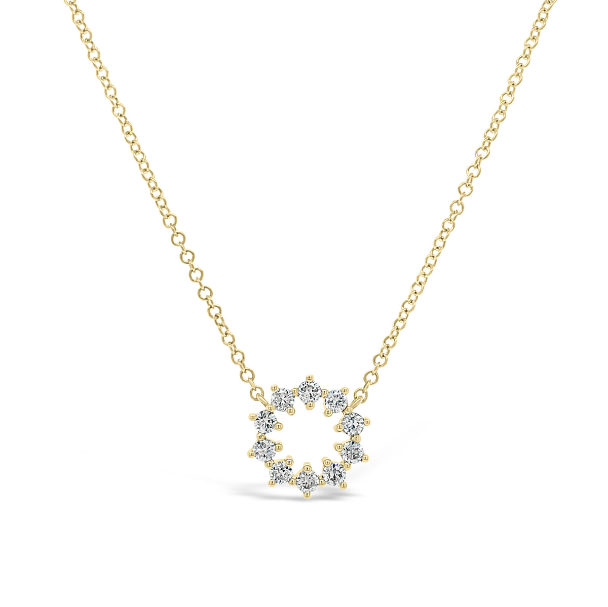 Diamond Small Sunburst Necklace  - 14K gold weighting 1.70 grams.  - 10 round diamond totaling .22 carat weight