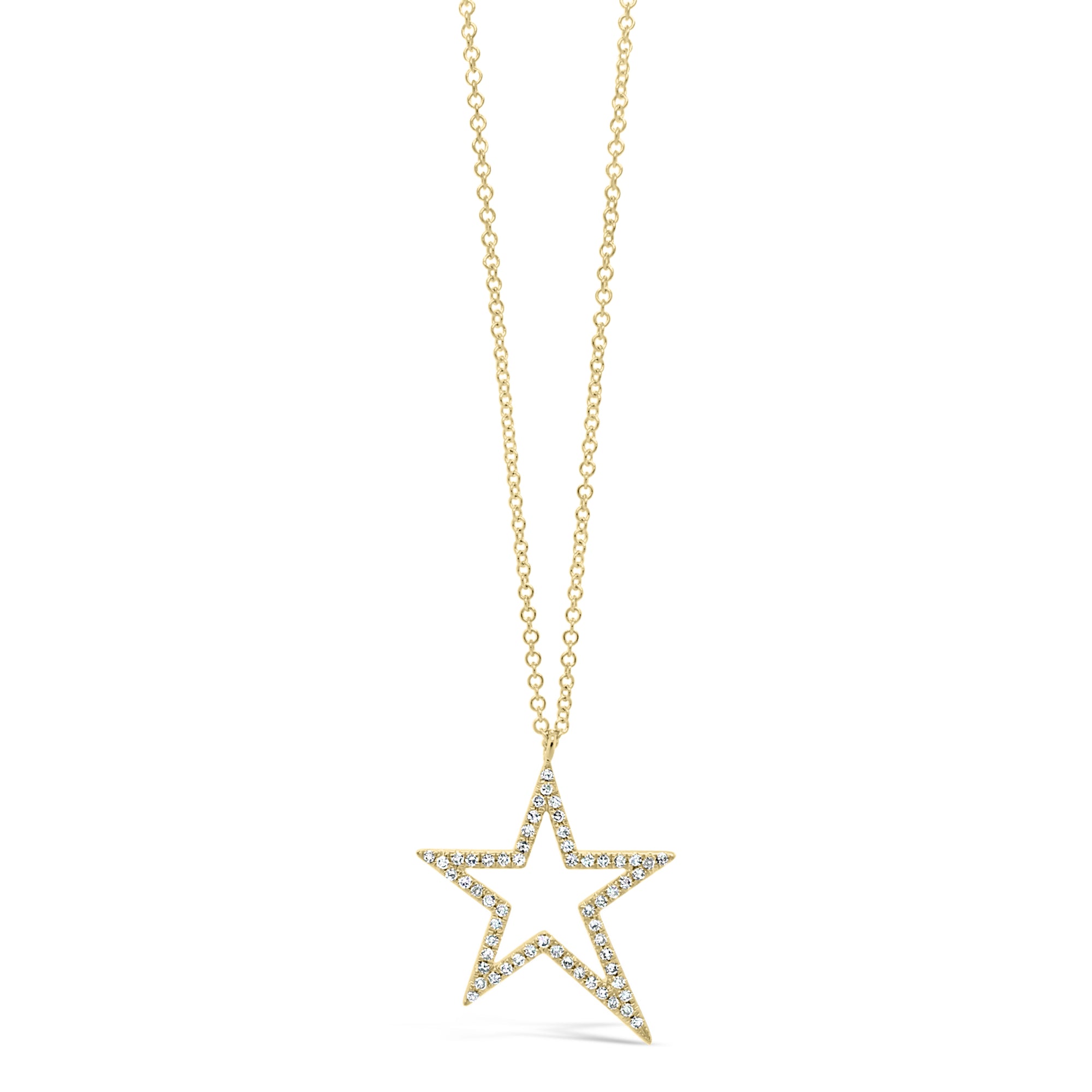 Diamond Asymmetrical Star Pendant Necklace - 14K yellow gold weighing 2.23 grams. - 59 round diamonds 0.17 carats.